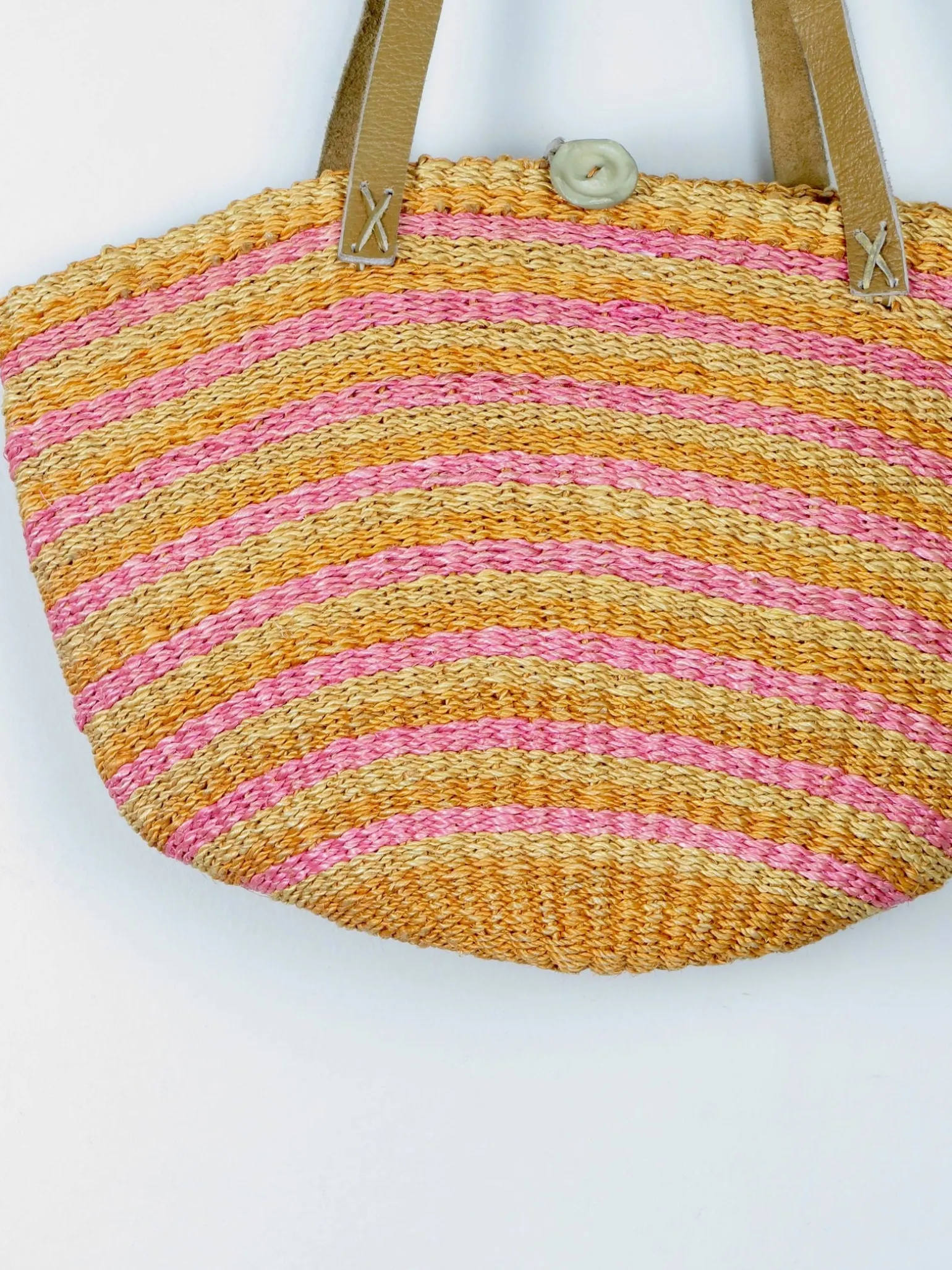 1970s Vintage Straw Bag Large Yellow & Pink With Leather Strap