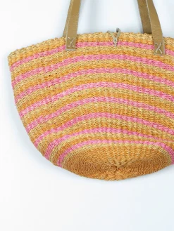 1970s Vintage Straw Bag Large Yellow & Pink With Leather Strap