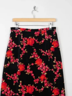 1970s Vintage Velvet Floral Print Maxi Skirt 28