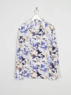 Silk Cream Vintage Printed Blouse With Collar L/XL