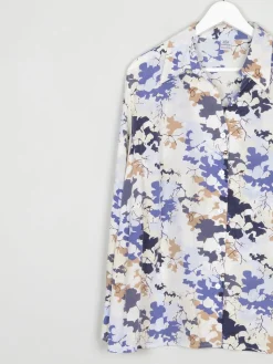 Silk Cream Vintage Printed Blouse With Collar L/XL