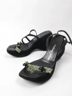 Stephaine Kelian Black Suede Wedge Shoes With Green Stones 5.5