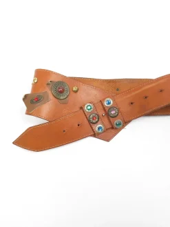 Tan Leather Vintage Waist Belt With Embellishments