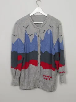 Vintage Austrian Patterned Hand-knit Wool Cardigan L