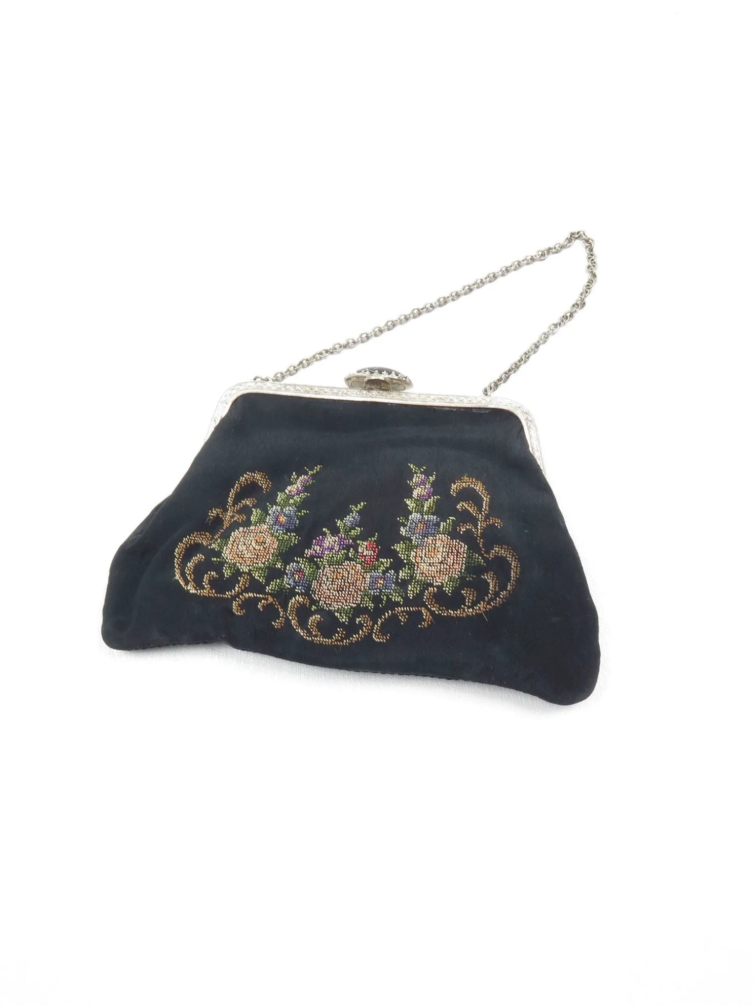 Vintage Bag Petit Point Hand Embroidered Black