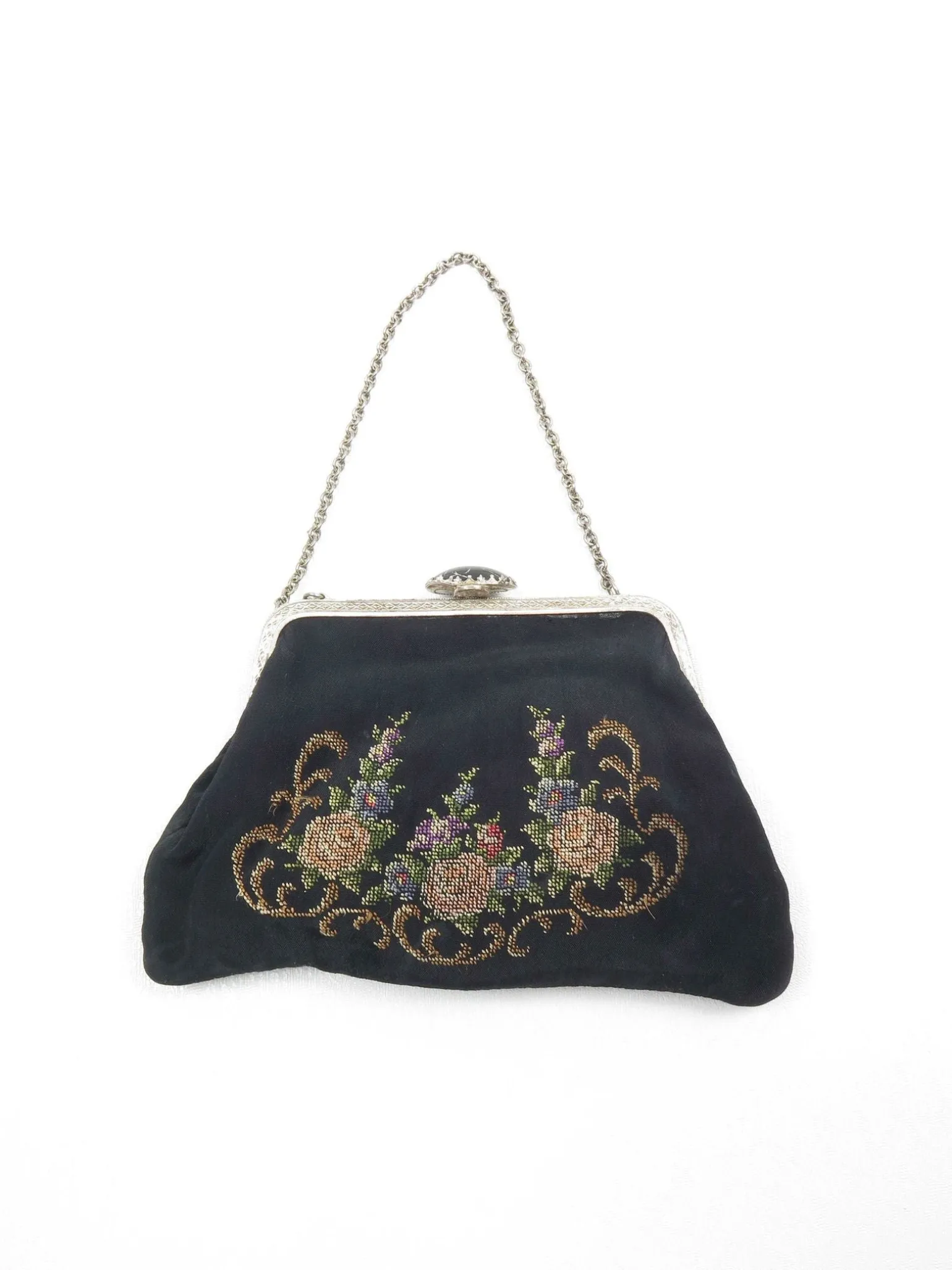 Vintage Bag Petit Point Hand Embroidered Black