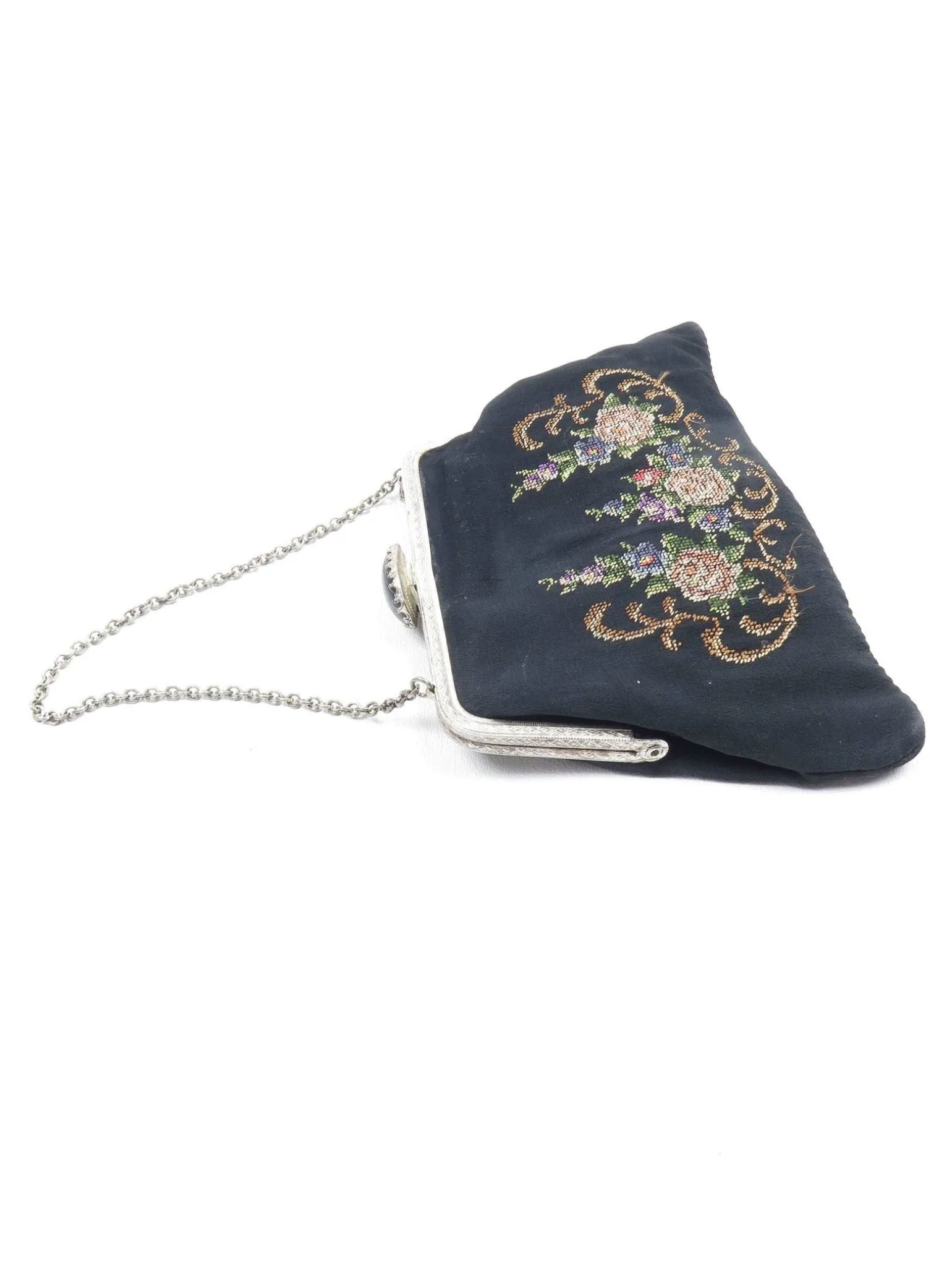 Vintage Bag Petit Point Hand Embroidered Black