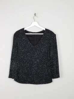 Vintage Black & Blue Beaded V-Neck Top M