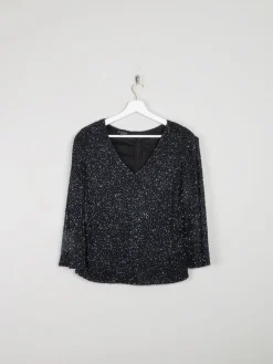 Vintage Black & Blue Beaded V-Neck Top M