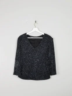 Vintage Black & Blue Beaded V-Neck Top M