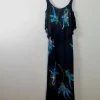 Vintage Black & Green Long Dress 1970s XXS