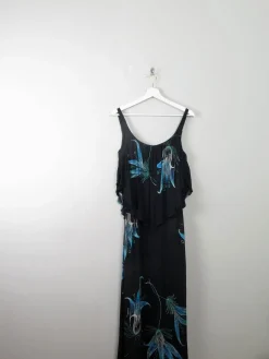 Vintage Black & Green Long Dress 1970s XXS