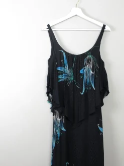 Vintage Black & Green Long Dress 1970s XXS
