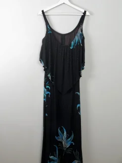 Vintage Black & Green Long Dress 1970s XXS