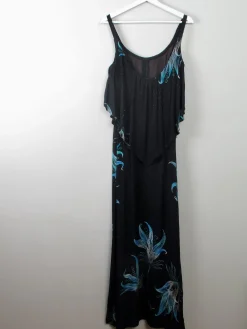 Vintage Black & Green Long Dress 1970s XXS