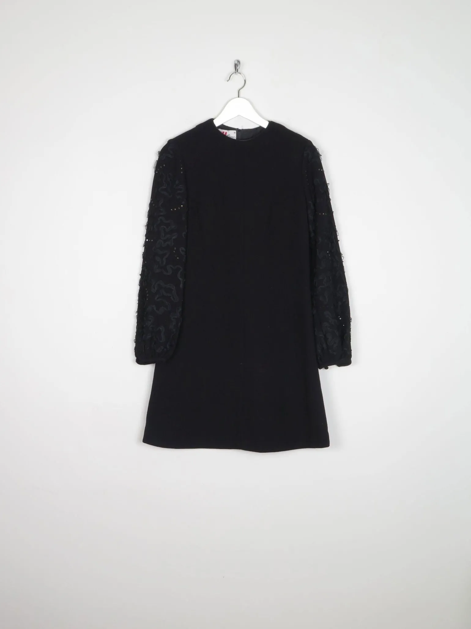 Vintage Black Crepe 1960s Dress With Ribbon Lace Sleeves S