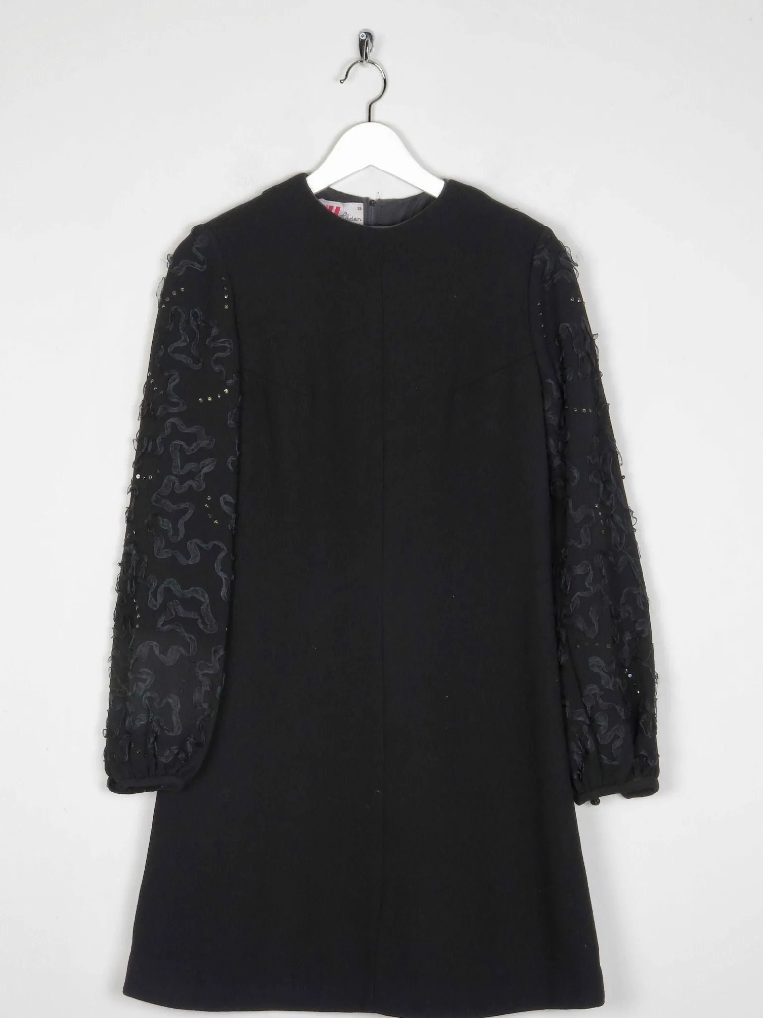 Vintage Black Crepe 1960s Dress With Ribbon Lace Sleeves S