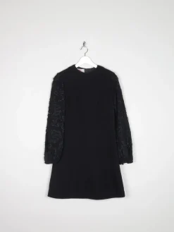 Vintage Black Crepe 1960s Dress With Ribbon Lace Sleeves S