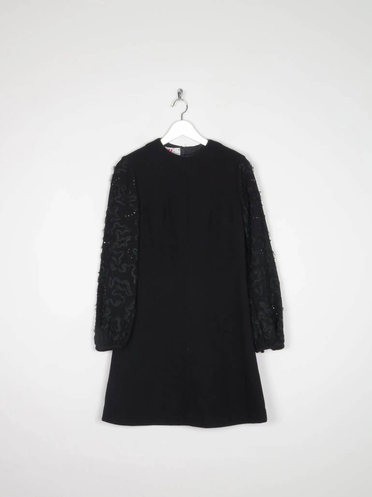 Vintage Black Crepe 1960s Dress With Ribbon Lace Sleeves S