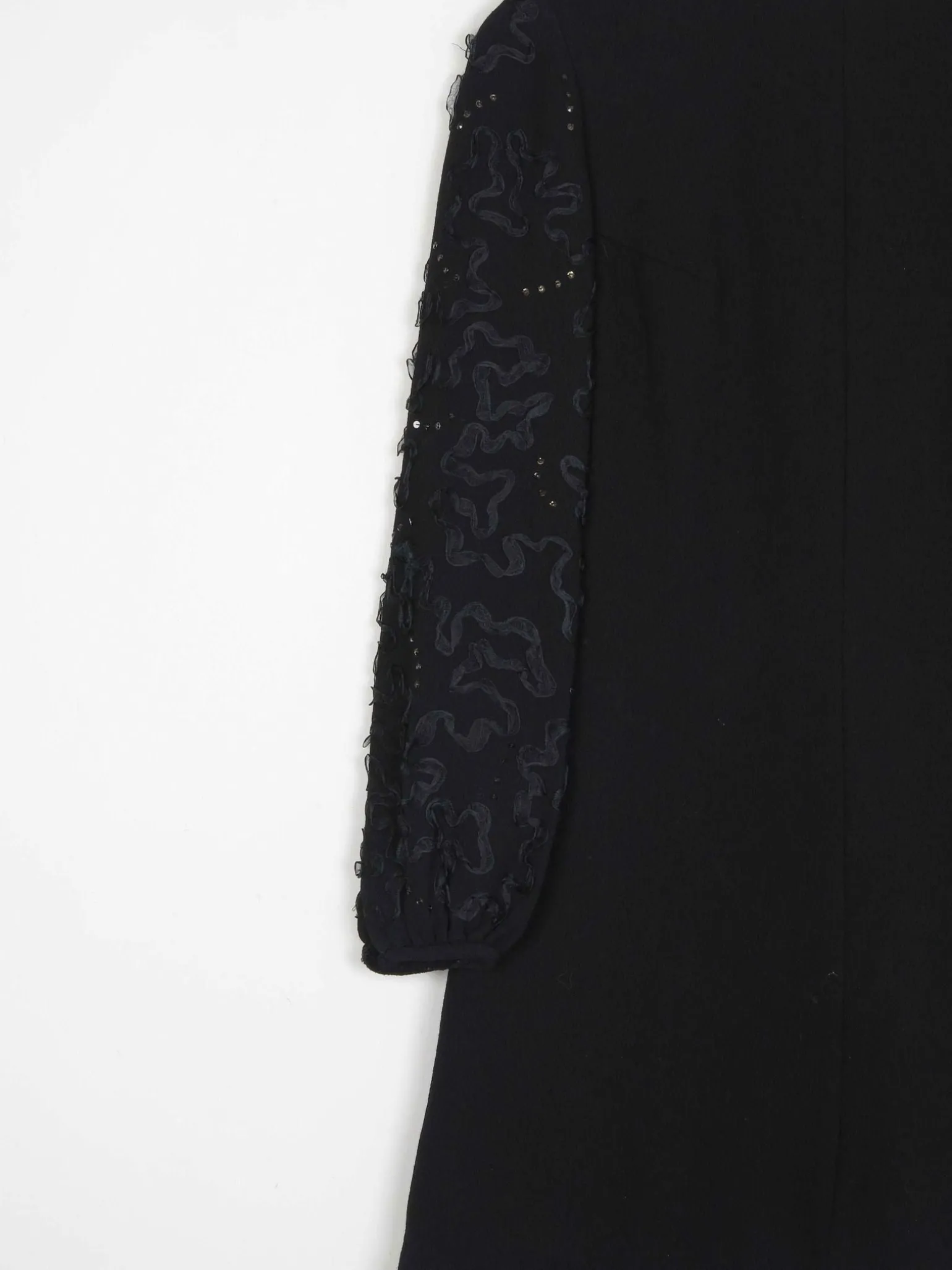 Vintage Black Crepe 1960s Dress With Ribbon Lace Sleeves S