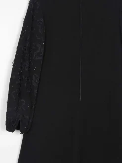 Vintage Black Crepe 1960s Dress With Ribbon Lace Sleeves S