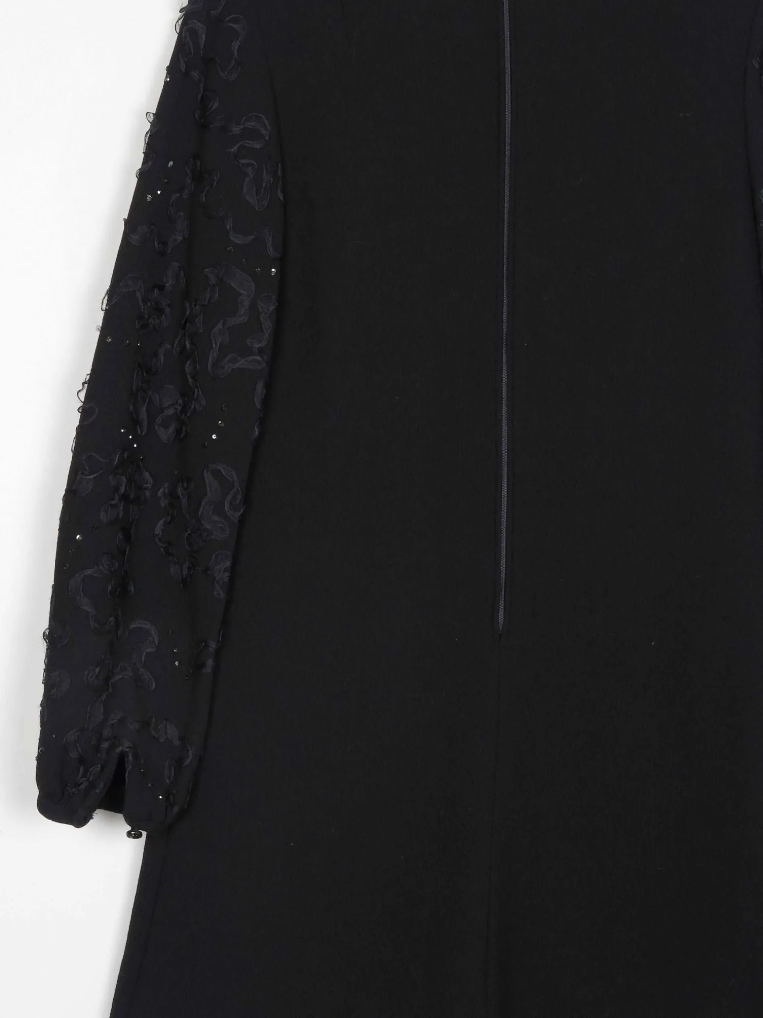 Vintage Black Crepe 1960s Dress With Ribbon Lace Sleeves S