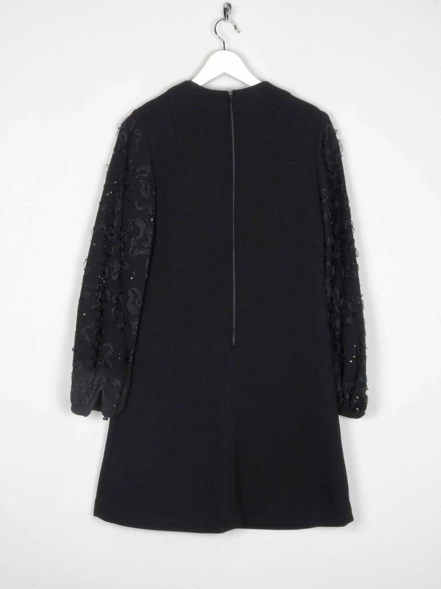 Vintage Black Crepe 1960s Dress With Ribbon Lace Sleeves S