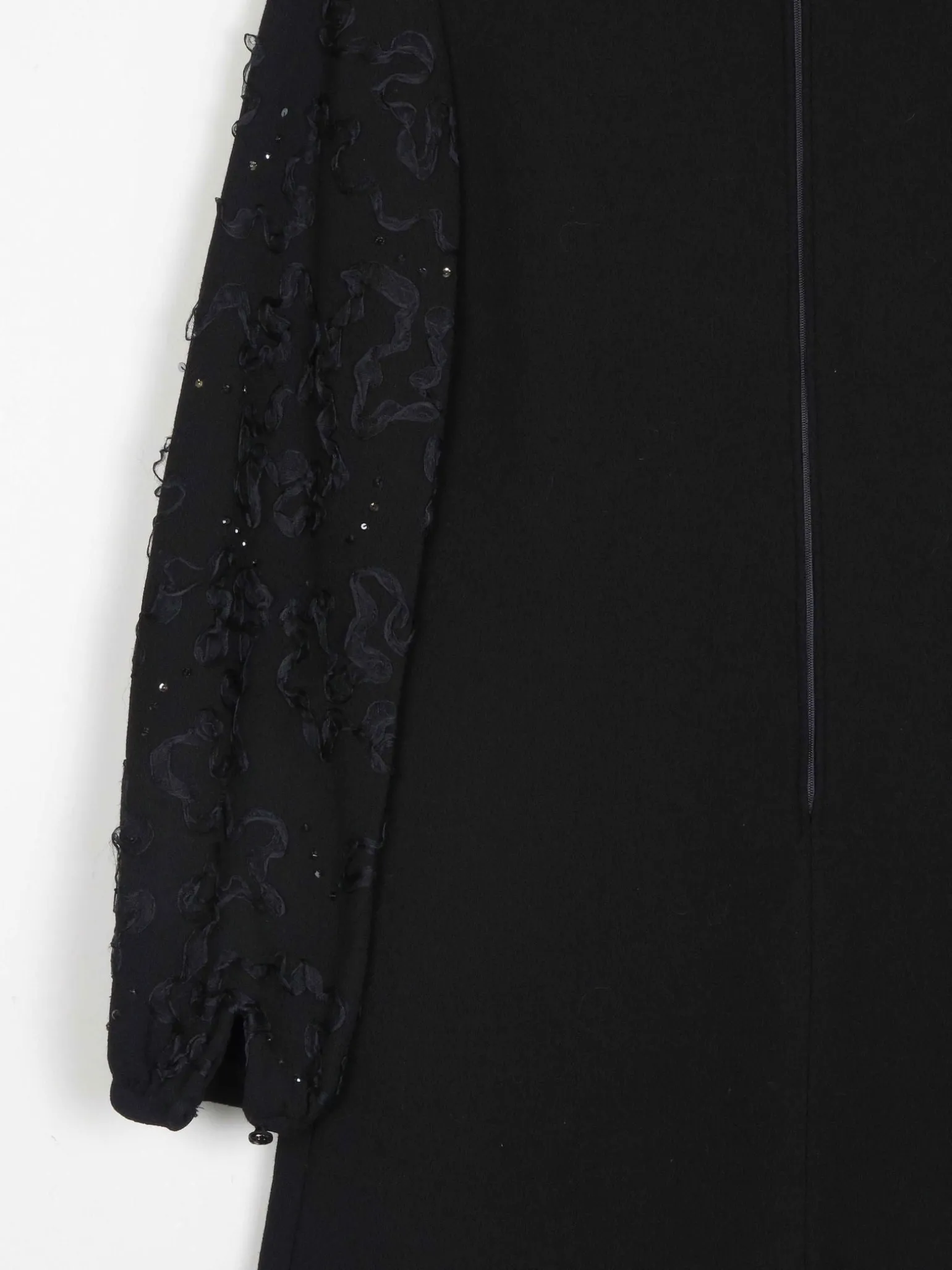 Vintage Black Crepe 1960s Dress With Ribbon Lace Sleeves S