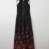 Vintage Black Embellished Embroidered Halter Neck 1970s Dress S