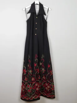 Vintage Black Embellished Embroidered Halter Neck 1970s Dress S
