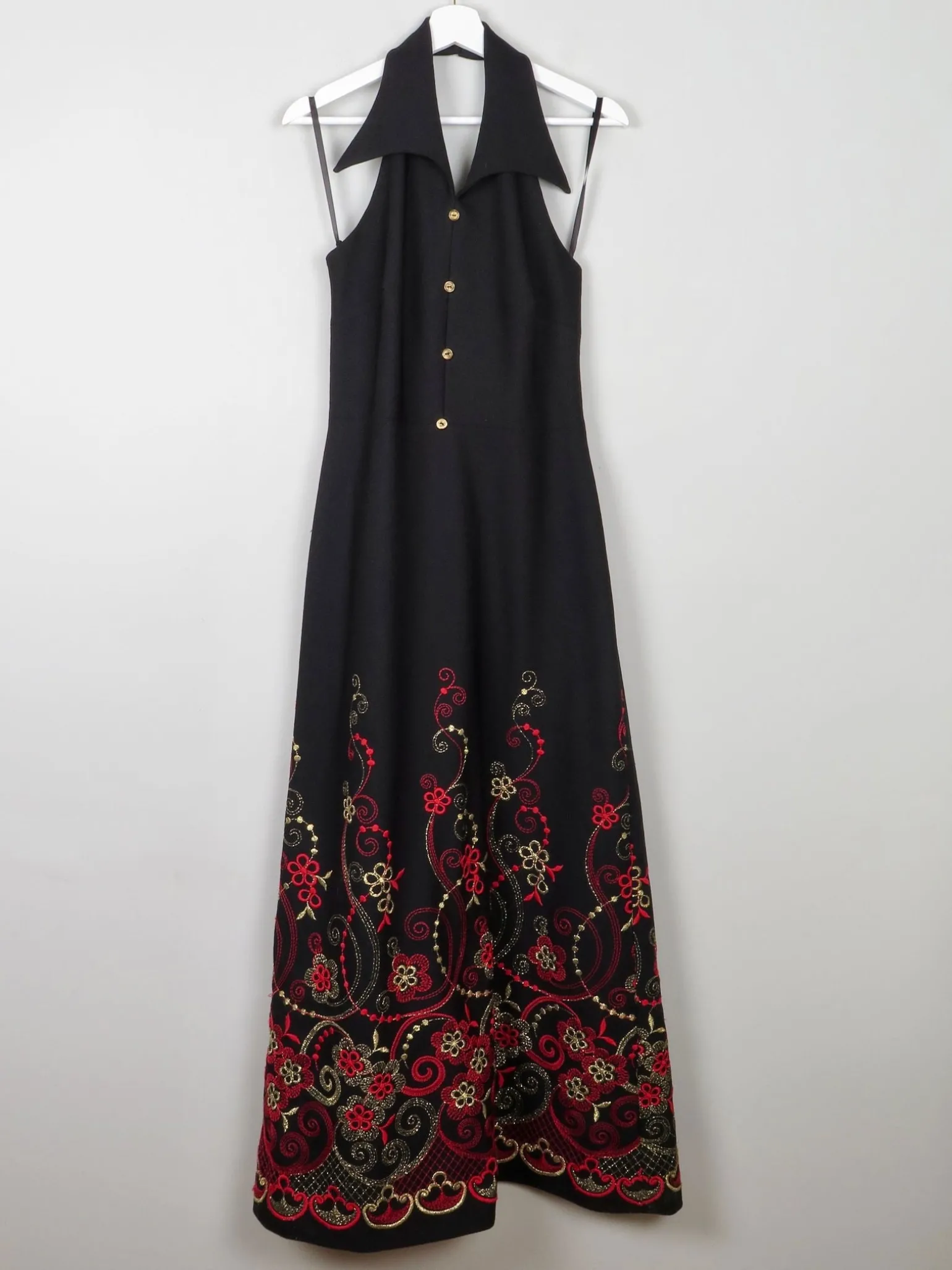 Vintage Black Embellished Embroidered Halter Neck 1970s Dress S