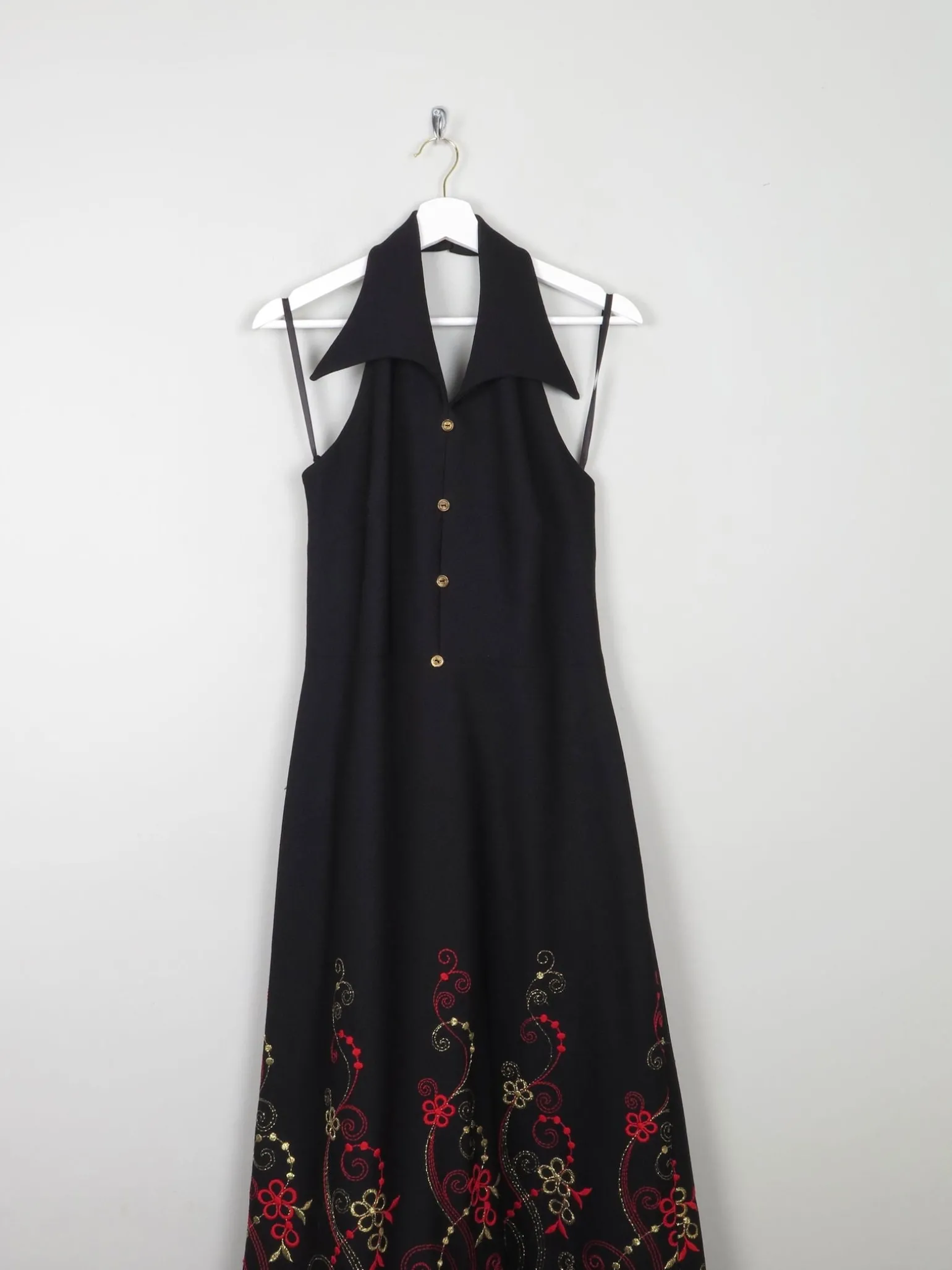 Vintage Black Embellished Embroidered Halter Neck 1970s Dress S