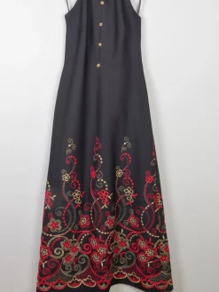 Vintage Black Embellished Embroidered Halter Neck 1970s Dress S