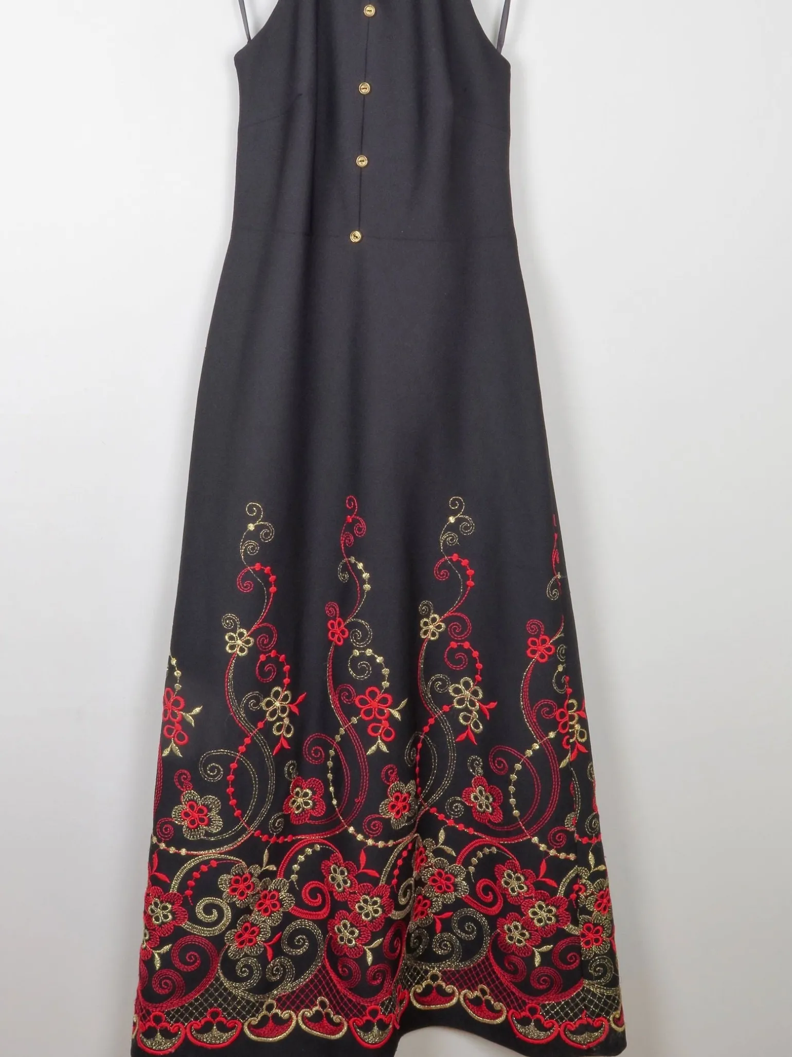 Vintage Black Embellished Embroidered Halter Neck 1970s Dress S