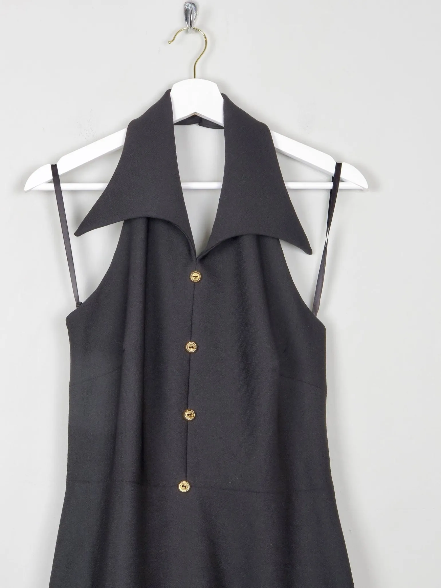 Vintage Black Embellished Embroidered Halter Neck 1970s Dress S
