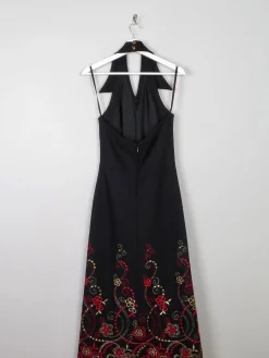 Vintage Black Embellished Embroidered Halter Neck 1970s Dress S