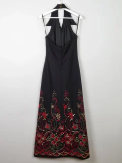Vintage Black Embellished Embroidered Halter Neck 1970s Dress S