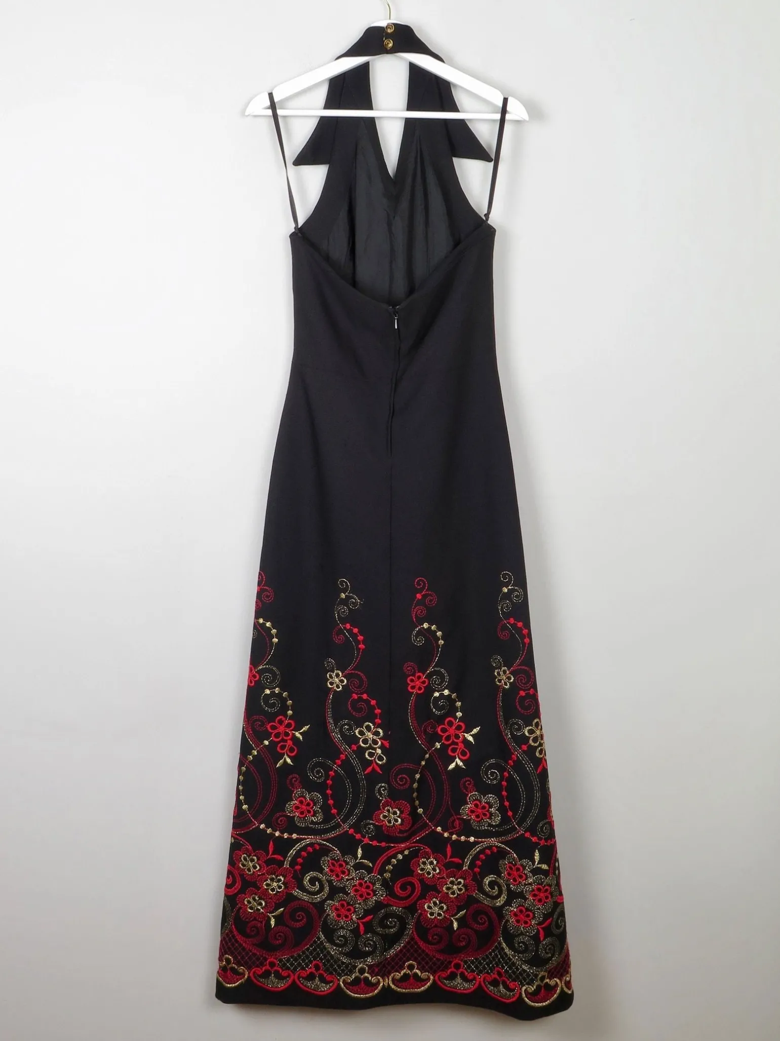 Vintage Black Embellished Embroidered Halter Neck 1970s Dress S
