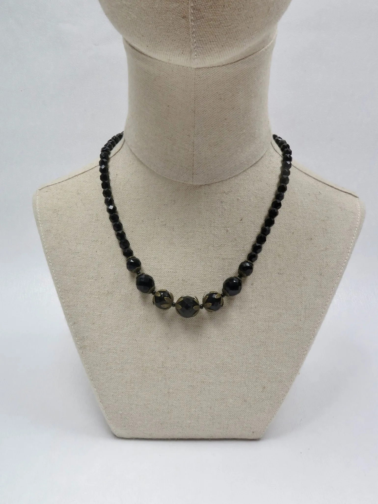 Vintage Black Faceted Graduated French Glass Necklace