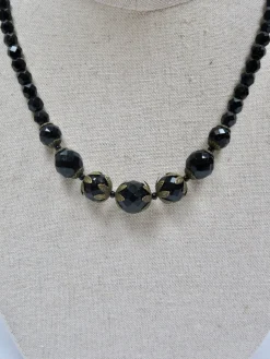 Vintage Black Faceted Graduated French Glass Necklace
