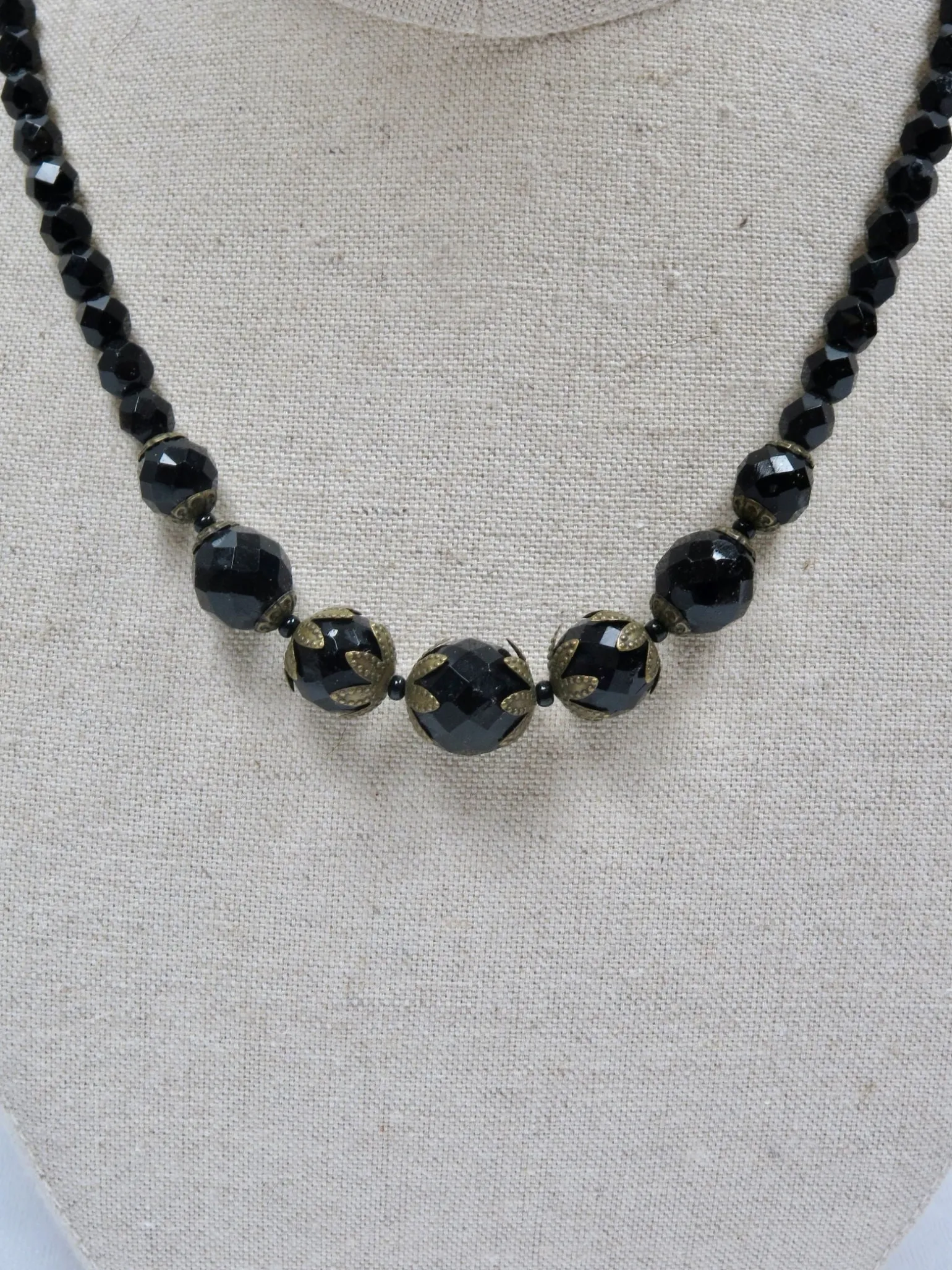 Vintage Black Faceted Graduated French Glass Necklace