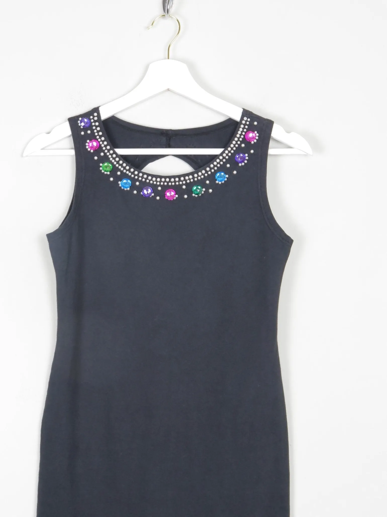Vintage Black Fitted 1980s Bejewelled Fitted Mini Dress S