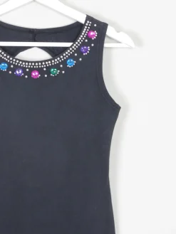 Vintage Black Fitted 1980s Bejewelled Fitted Mini Dress S