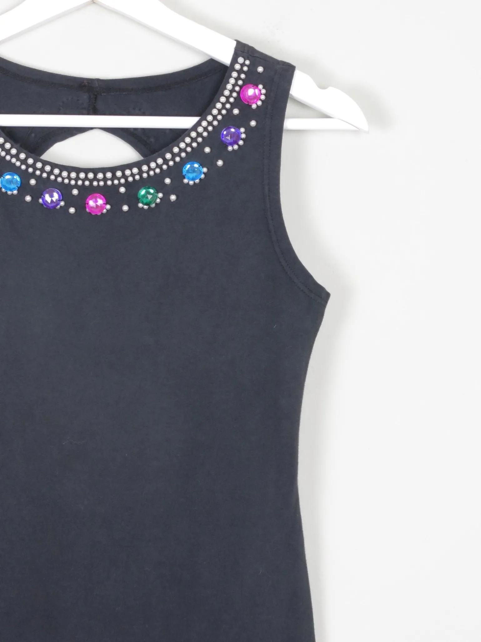Vintage Black Fitted 1980s Bejewelled Fitted Mini Dress S