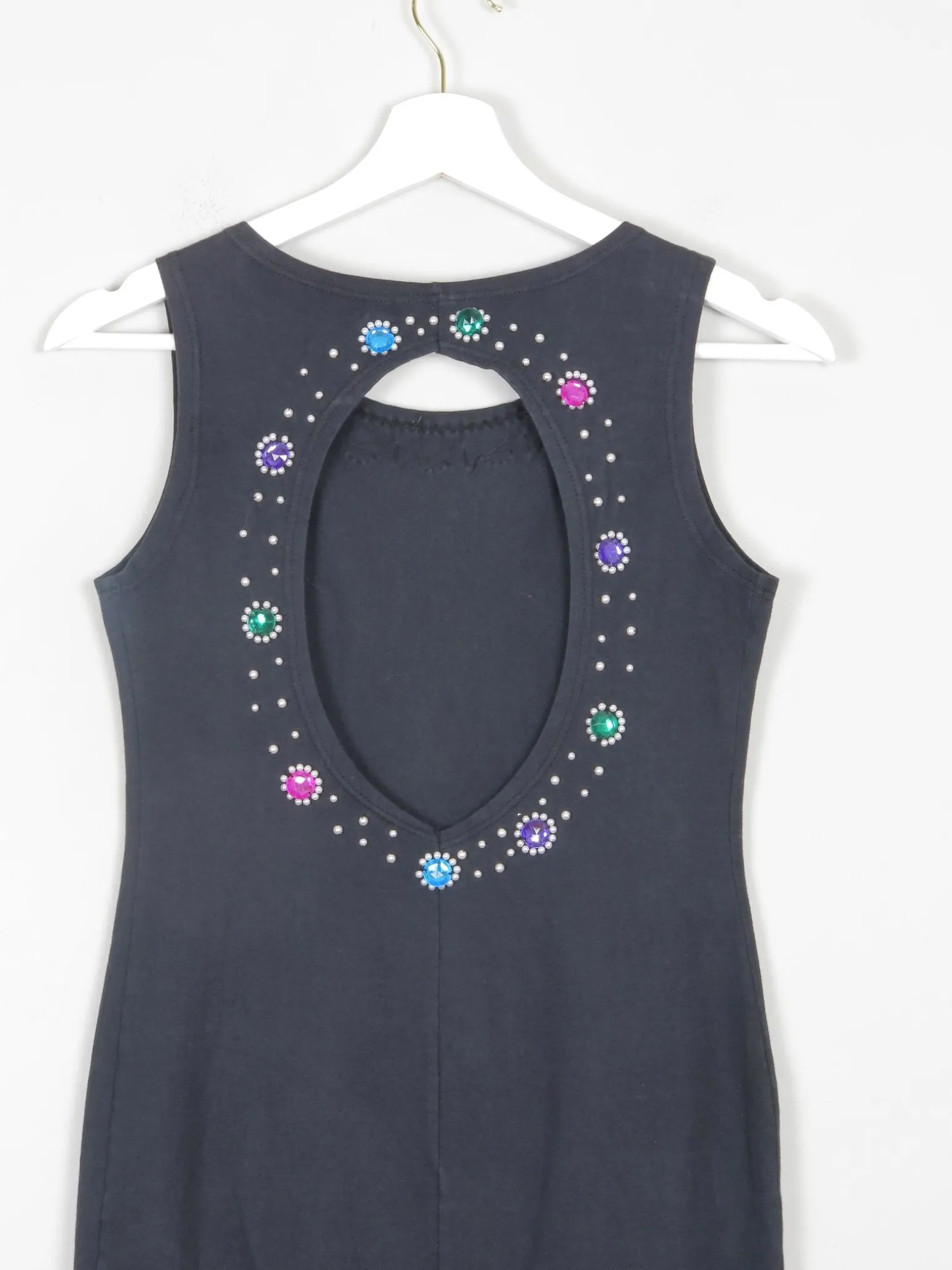 Vintage Black Fitted 1980s Bejewelled Fitted Mini Dress S