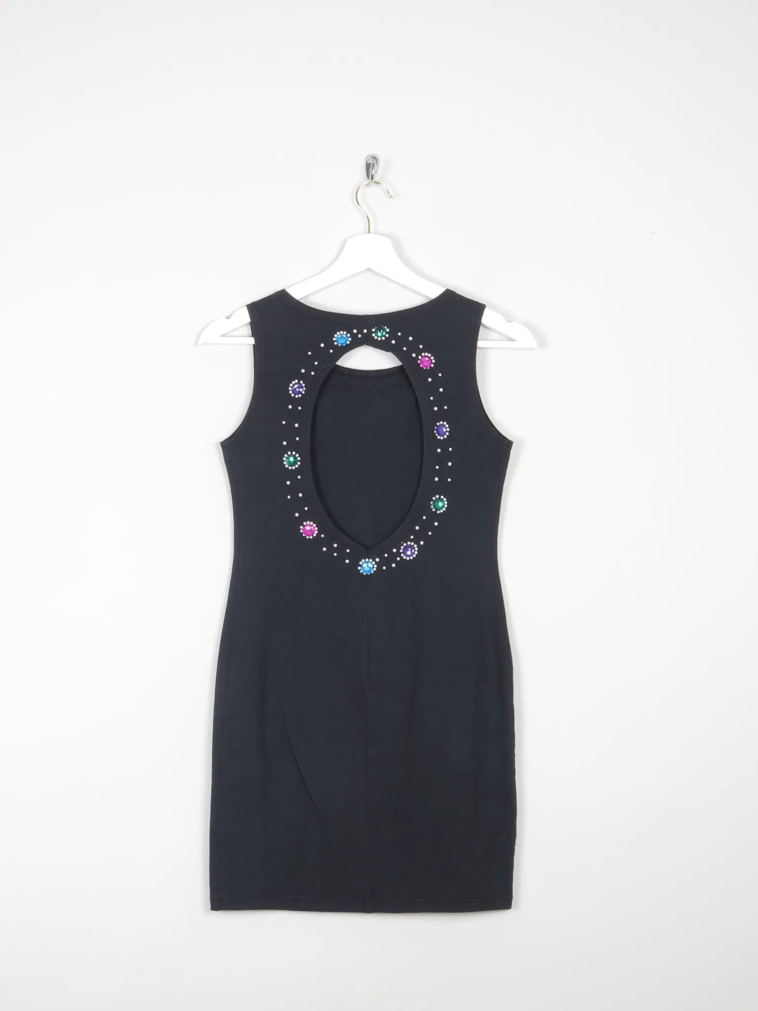 Vintage Black Fitted 1980s Bejewelled Fitted Mini Dress S