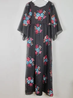 Vintage Black Long Floral Embroidered Dress XS