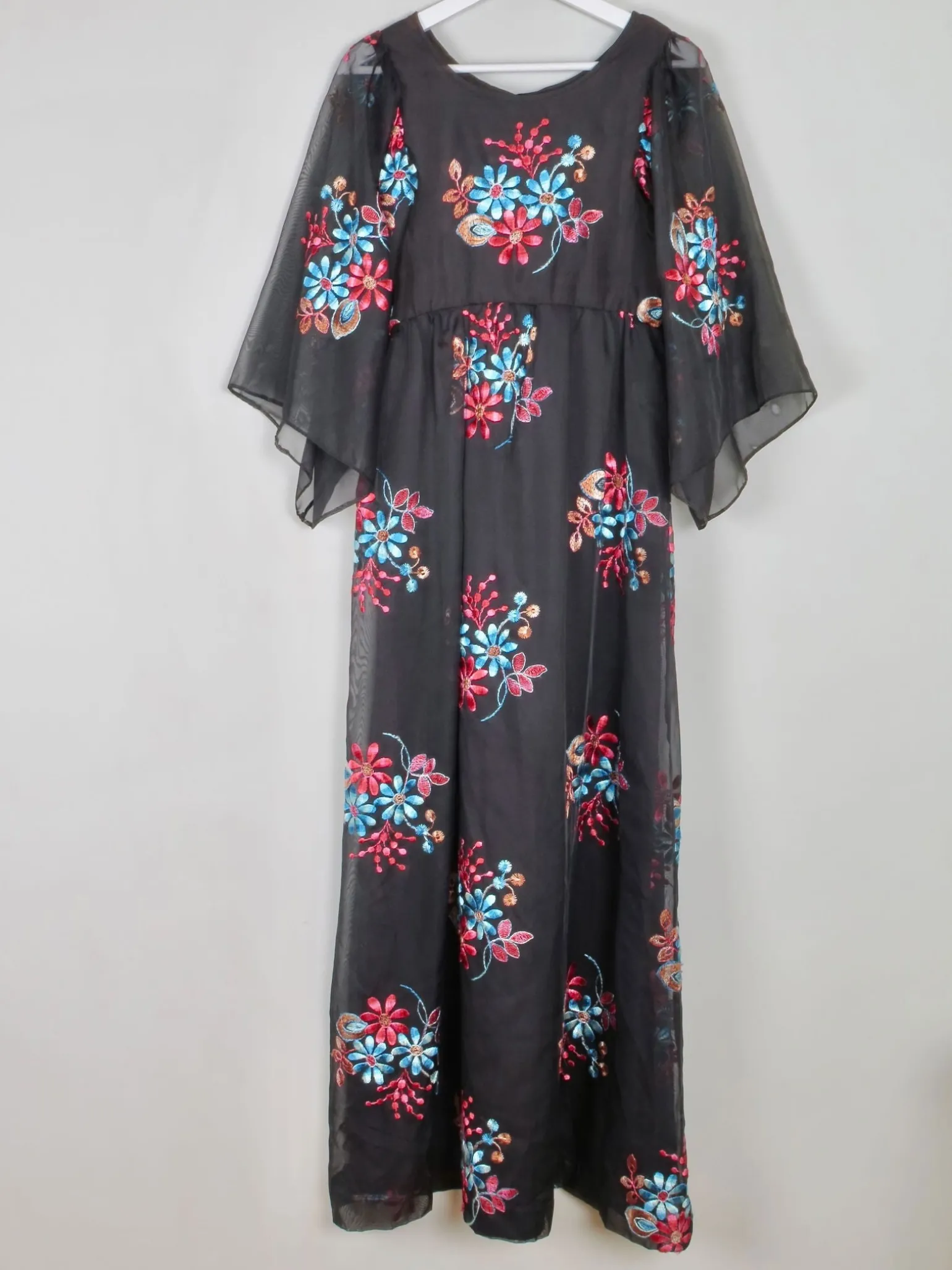 Vintage Black Long Floral Embroidered Dress XS