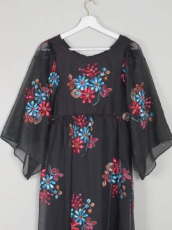 Vintage Black Long Floral Embroidered Dress XS