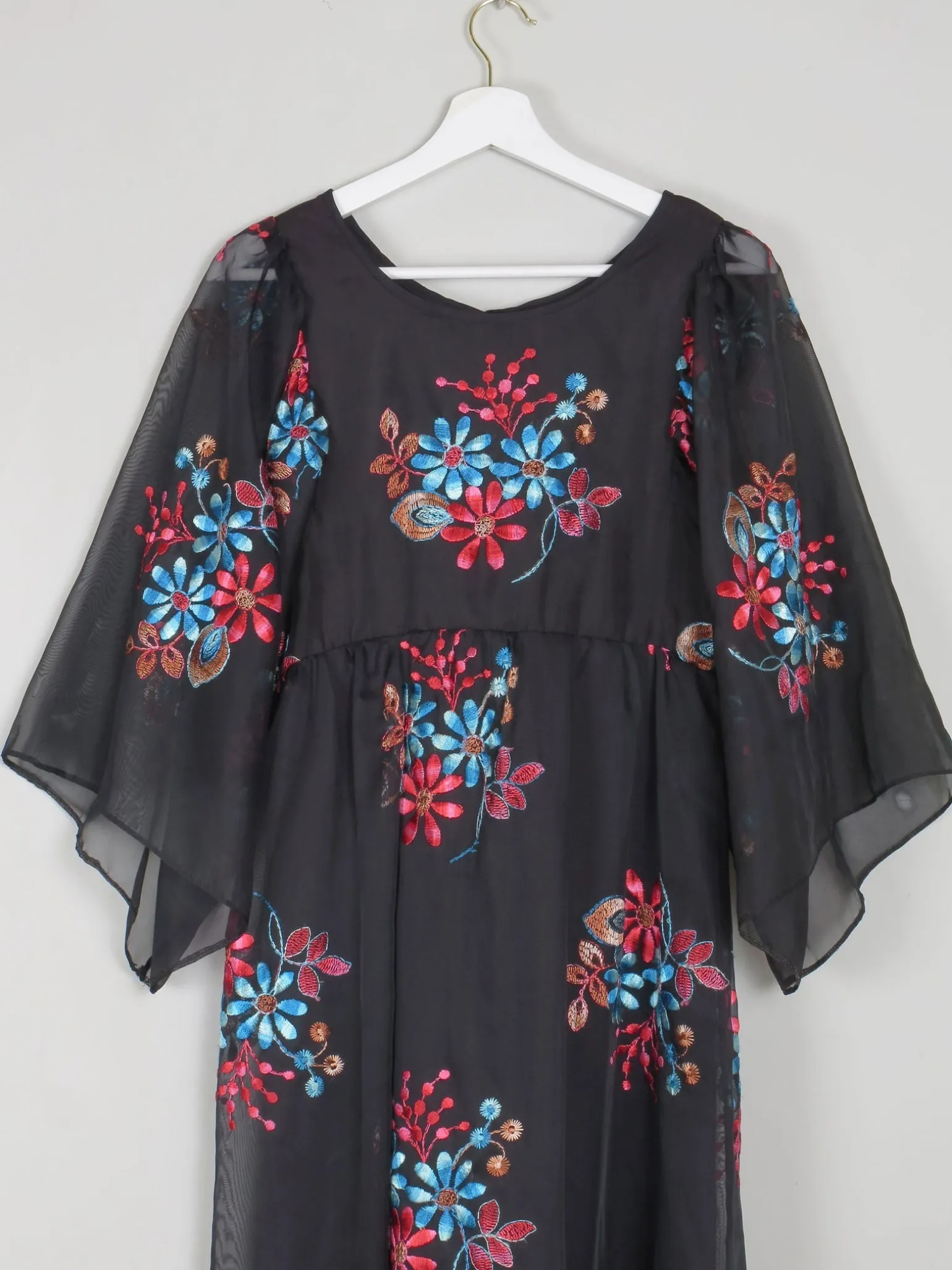 Vintage Black Long Floral Embroidered Dress XS